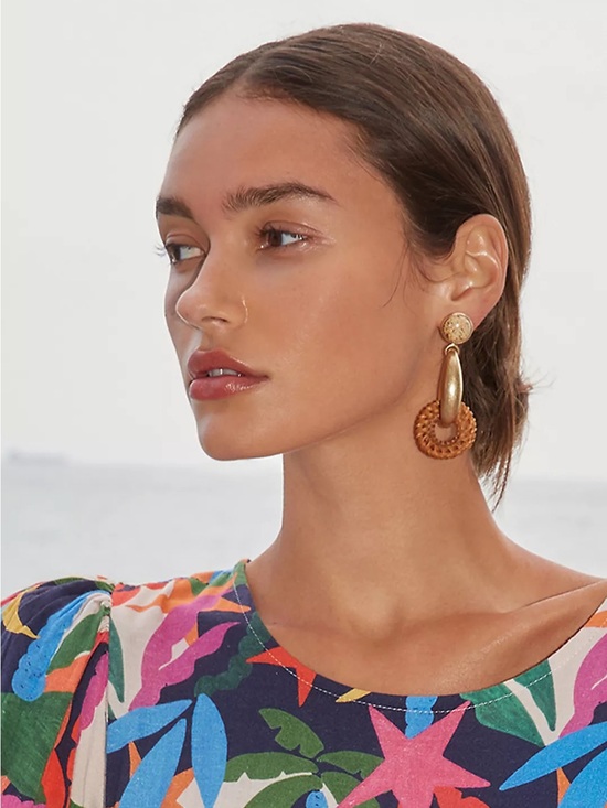 Anthropologie Jewelry - Anthropologie Gold and Tan Woven Hoop Drop Earrings